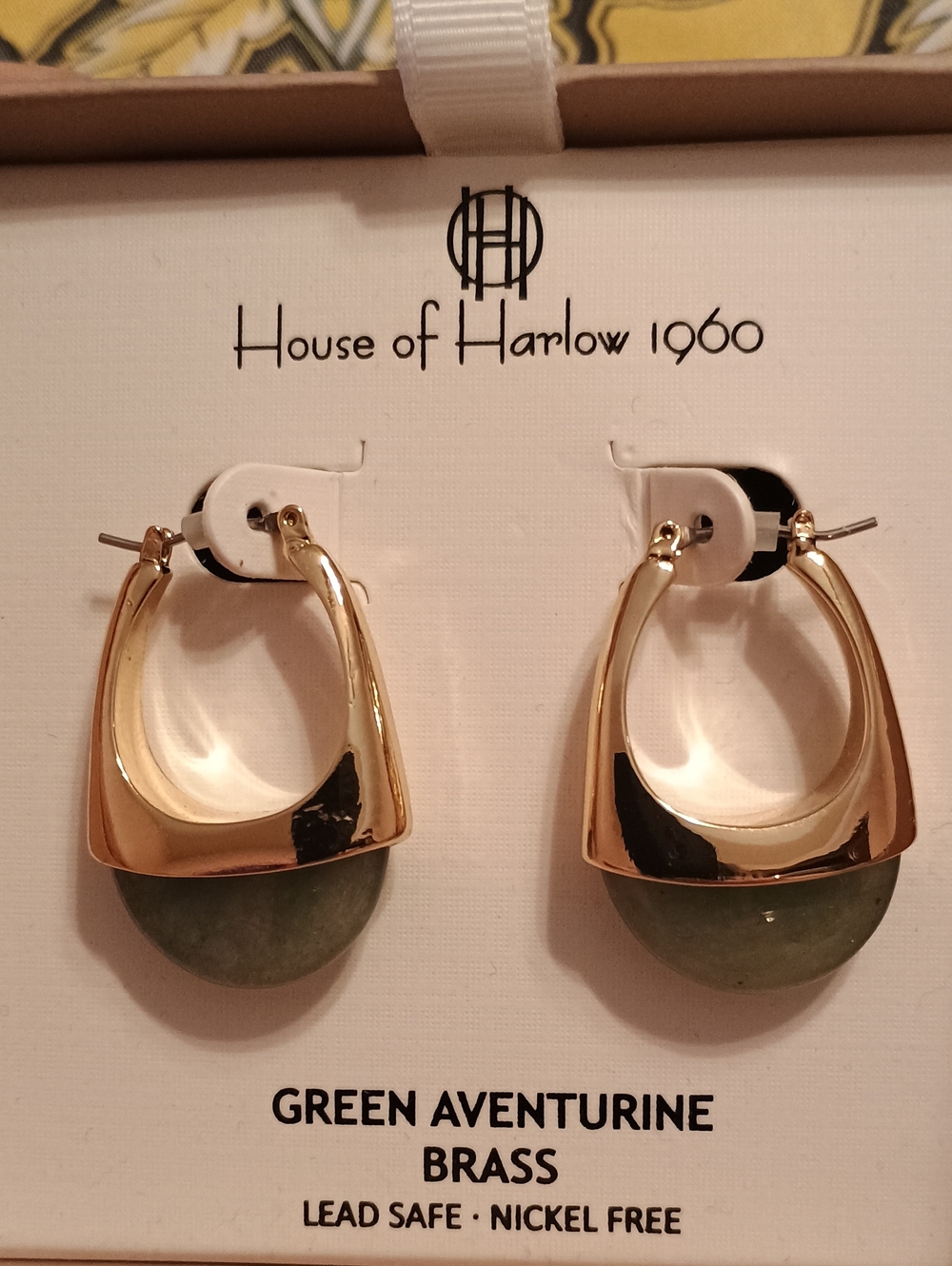 House of Harlow 1960 Green Aventurine Brass Hoop Earrings NIB